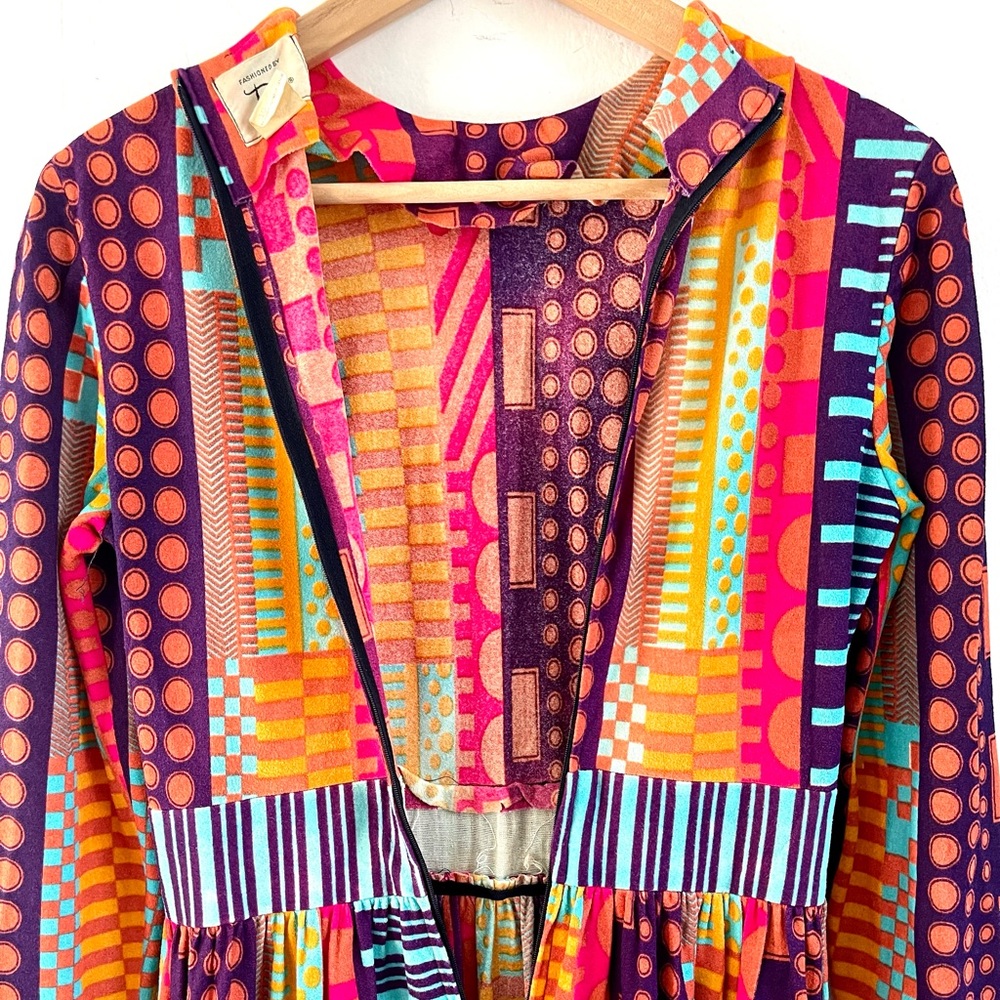 Vintage Colorful Retro Neon Geo Abstract 70s Maxi Gown Jersey Knit Dress - Picture 12 of 13